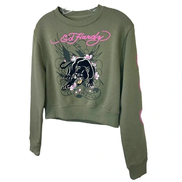 Ed Hardy - Women’s Y2k Graphic-Print Sweatshirt, Cropped, ‘Tattoo’ - Green Small - Picture 4 of 16